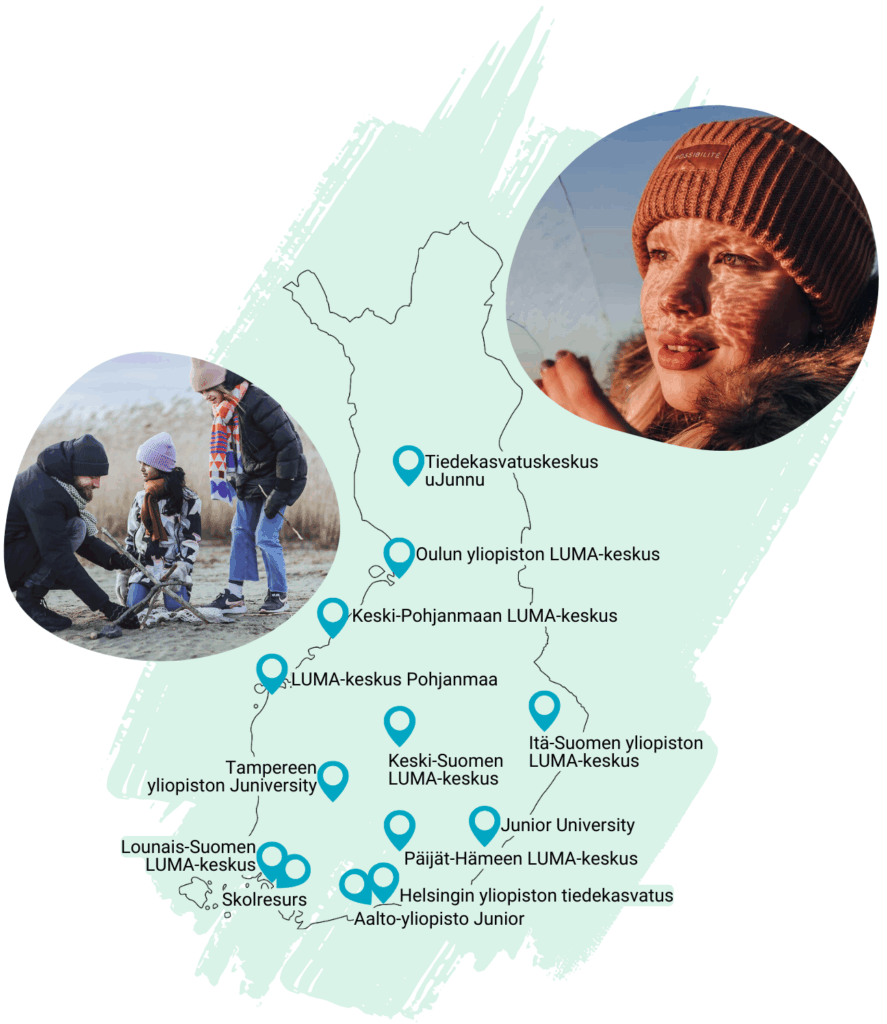 Suomen kartta, johon merkitty kaikki 13 alueellista LUMA-keskustan. Kartan vieressä on kuvituskuva, jossa tyttö pitelee kädellään ohutta jääpalaa, josta heijstuu läpi laskevan auringon valo muodostaen kuvioita kasvoille. Toisessa kuvituskuvassa mies rakentaa kahden lapsen kanssa kepeistä tornia rannalla.