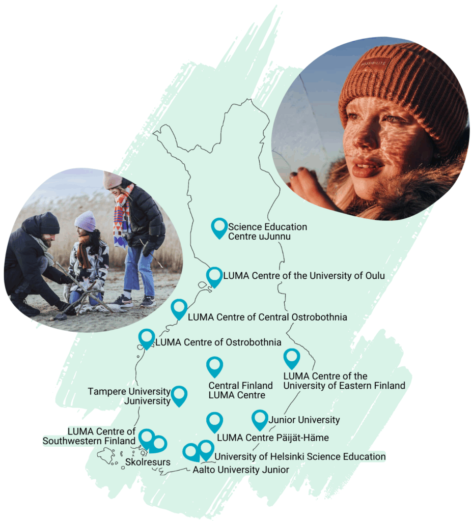 A map of Finland with all 13 regional LUMA centres marked. Next to the map is an illustration of a girl holding a thin piece of ice in her hand, reflecting the light of the setting sun, creating patterns on the face. In another illustration, a man is building a tower of sticks on the beach with two children.