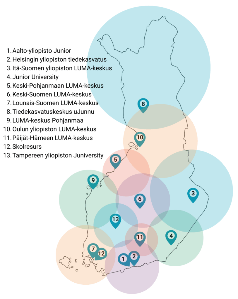 Suomen kartta, johon on merkitty kaikki 13 LUMA-keskusta.