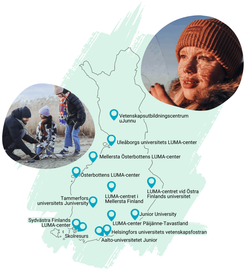 En karta över Finland med alla 13 regionala LUMA-center markerade. Bredvid kartan finns en illustration av en flicka som håller en tunn isbit i handen, vilket reflekterar ljuset från den nedgående solen och skapar mönster på ansiktet. I en annan illustration bygger en man ett torn av pinnar på stranden med två barn.