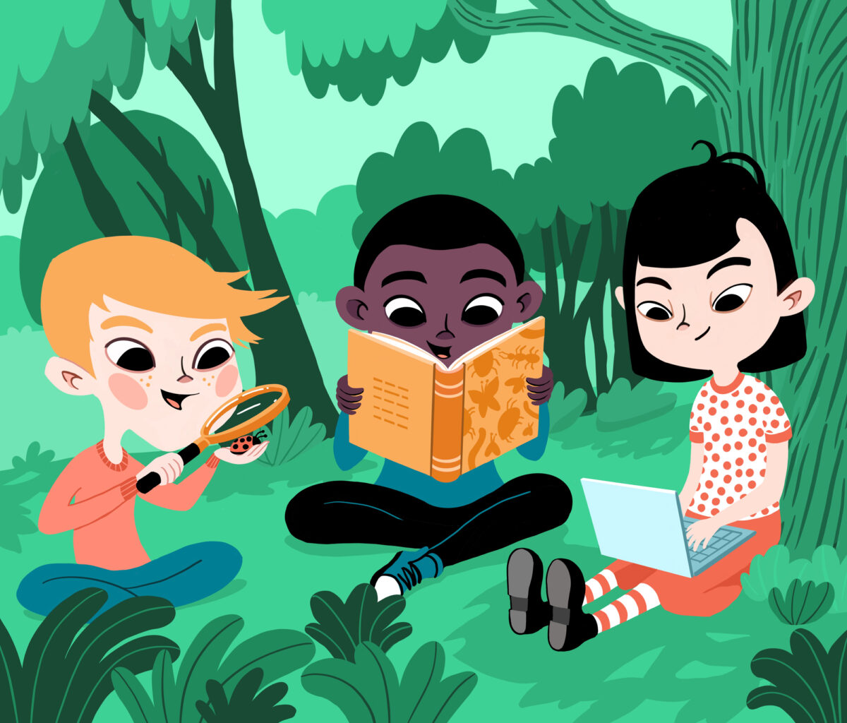 chilren investigating in green nature environment drawn picture