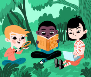 Kuvitusgrafiikkaa, jossa kolme lasta tutkivat luontoympäristössä.