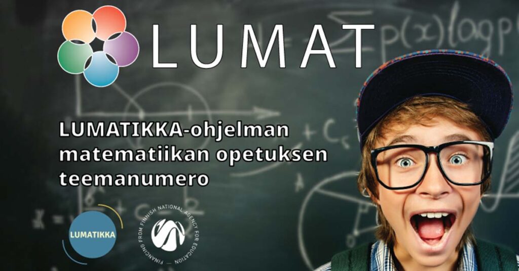 LUMATIKKA-erikoisnumeron kansi LUMAT-julkaisussa. Poika hymyilee riemukkaasti kaavoja täynnä olevan liitutaulun edessä.