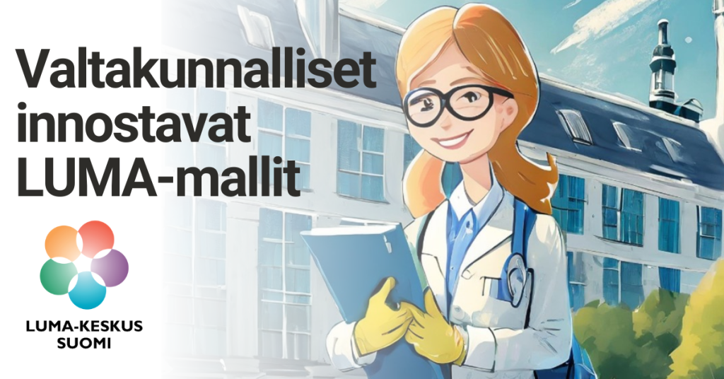Kuvituskuva. Tekoälyn tuottamassa kuvassa nuori tutkija seisoo koulun edustalla vihko kädessä. LUMA-keskus Suomen logo ja teksti Valtakunnalliset innostavat LUMA-mallit.