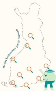 Kuvituskuvassa Suomen kartta, johon on merkitty suurennustasilla ne kaupungit, jossa kerhon aikana virtuaalisesti vieraillaan.