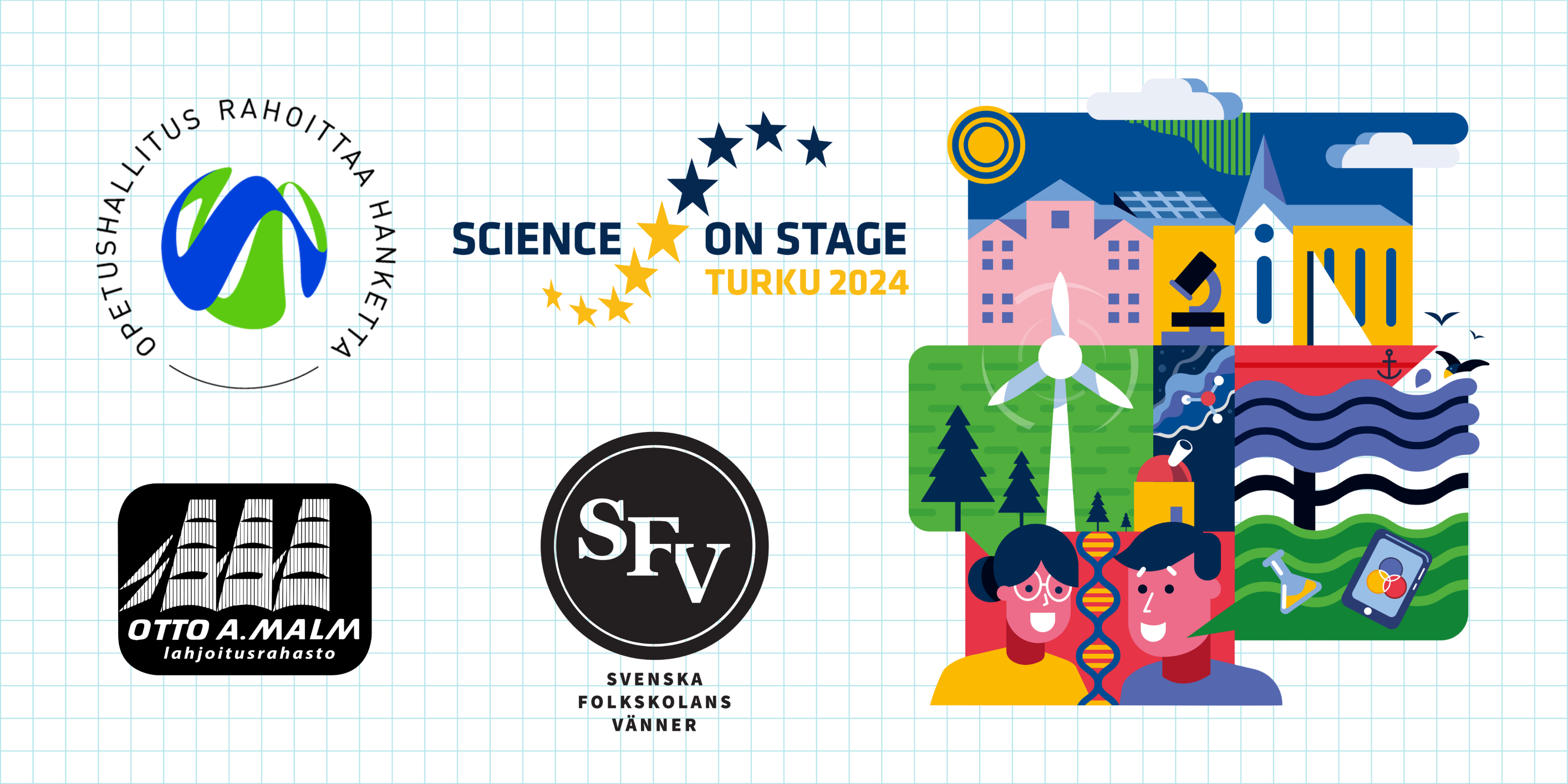 Science on Stage Turku 2024 logo, Opetushallitus rahoittaa -logo, Otto A. Malm -lahjoitussäätiön logo ja Svenska folkskolans vänner -logo.