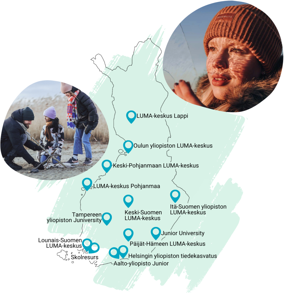 Suomen kartta, johon merkitty kaikki 13 alueellista LUMA-keskustan. Kartan vieressä on kuvituskuva, jossa tyttö pitelee kädellään ohutta jääpalaa, josta heijstuu läpi laskevan auringon valo muodostaen kuvioita kasvoille. Toisessa kuvituskuvassa mies rakentaa kahden lapsen kanssa kepeistä tornia rannalla.