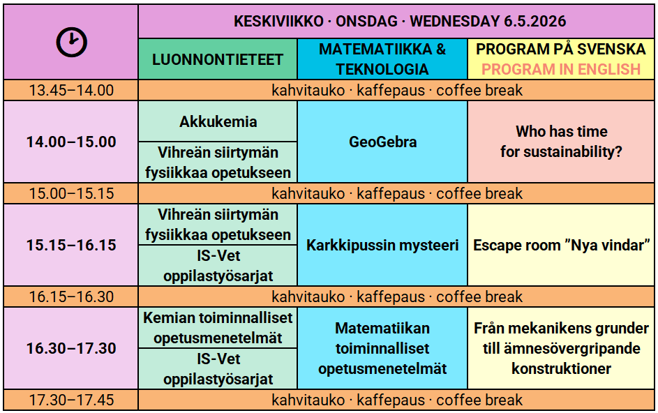 Keskiviikon LUMA-päivien ohjelma taulukkomuodossa.