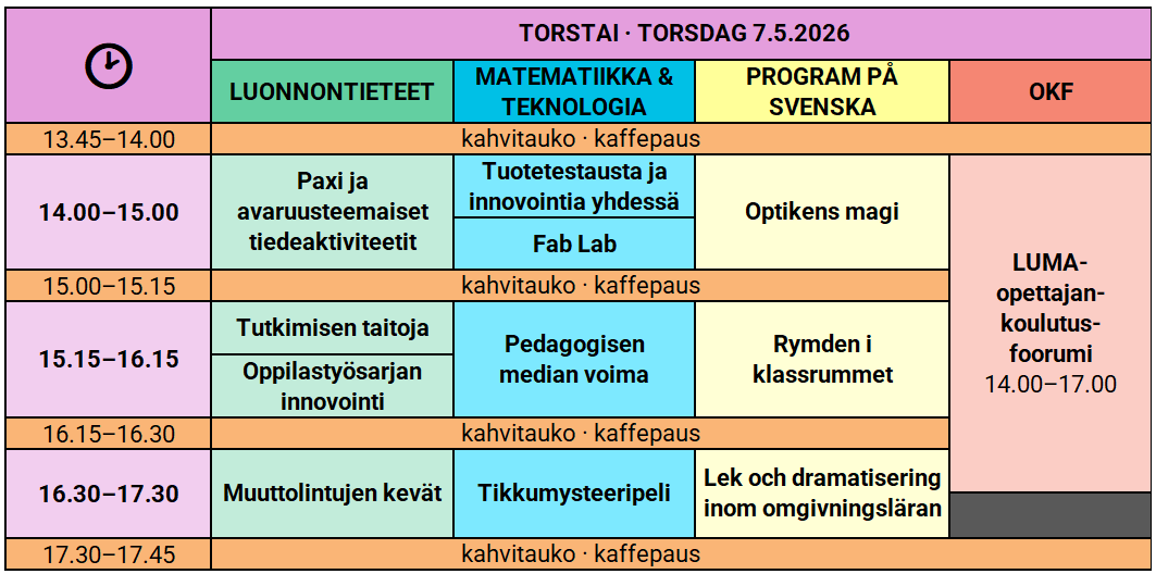 Torstain LUMA-päivien ohjelma taulukkomuodossa.